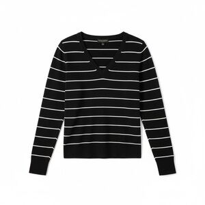 Banana Republic 100% Merino Wool V-neck Sweater Black w/white stripes Sz Medium